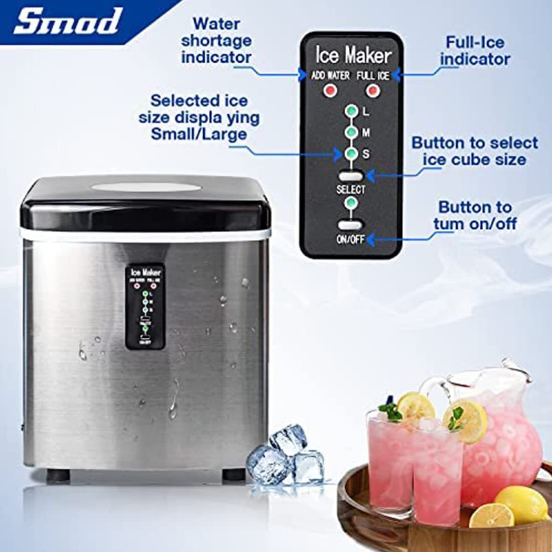 Smad Countertop Ice Maker Stainless Steel Ice Making Machine 33lbs/24h