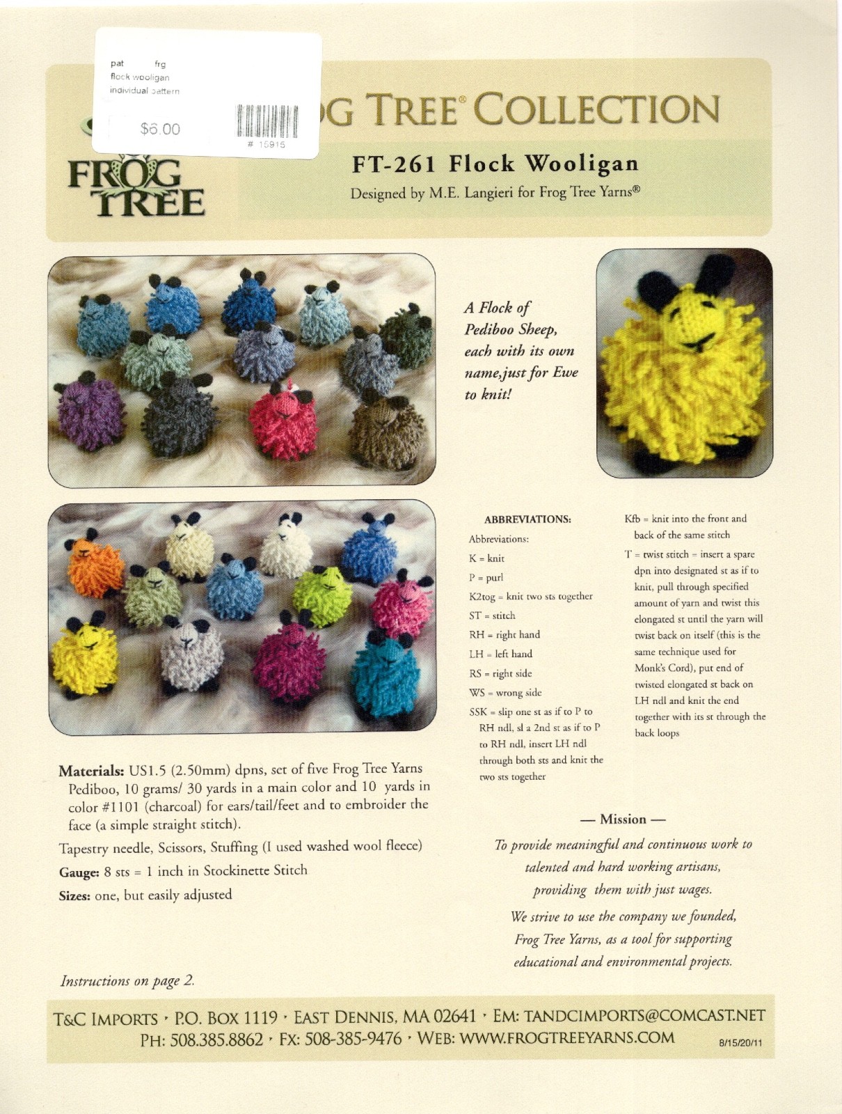 Frog Tree Knitting Pattern FT-261 Flock Wooligan - Pediboo Sheep - Knit Toys