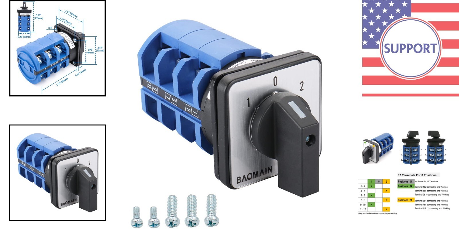 Durable 12-Terminal Rotary Switch with 3-Position Circuit Selection Capability