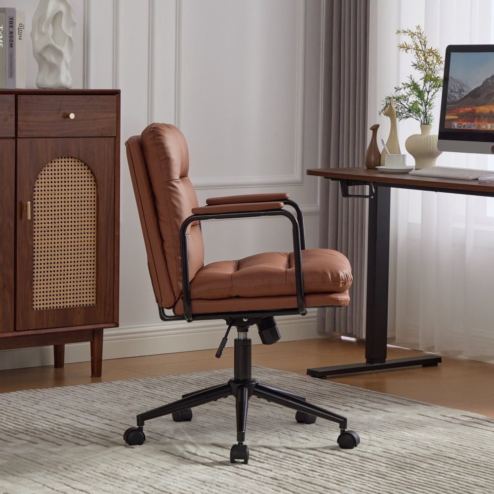 Ergonomic PU Leather Office Chair with Arms, Reclining Back & Wheels, Brown