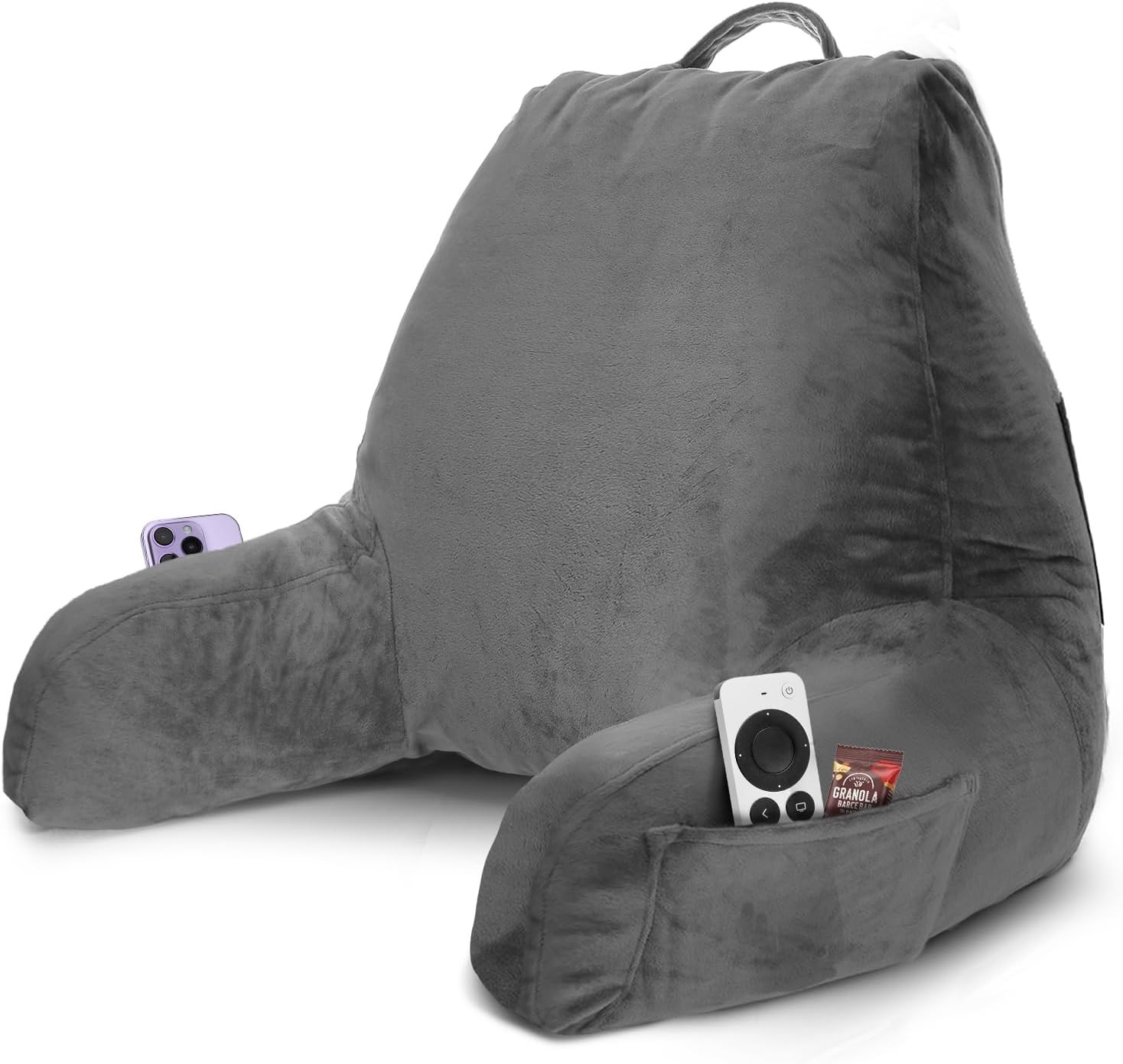 Reading Pillow Shredded Memory Foam Backrest With Arms Washable Cover Grey