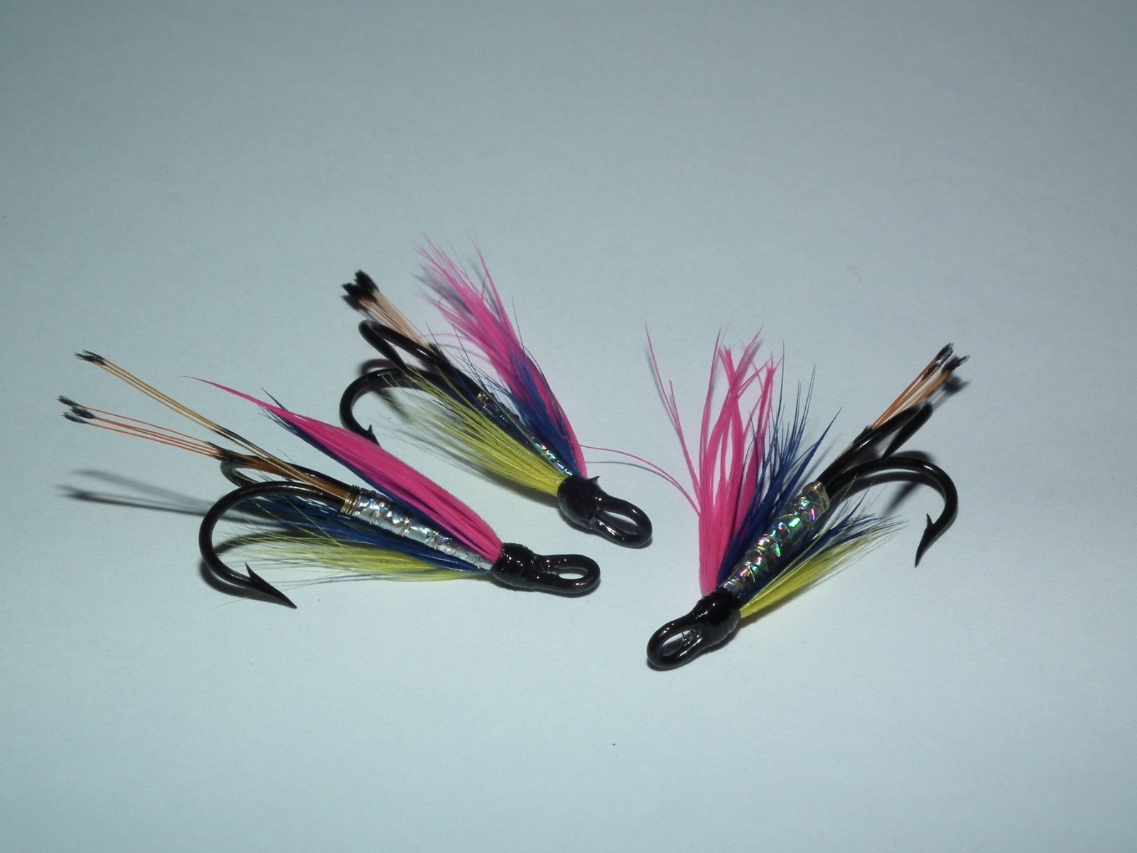 salmon/seatrout flies ---- 3 pink & yellow tied on  mustad size 10 double hooks