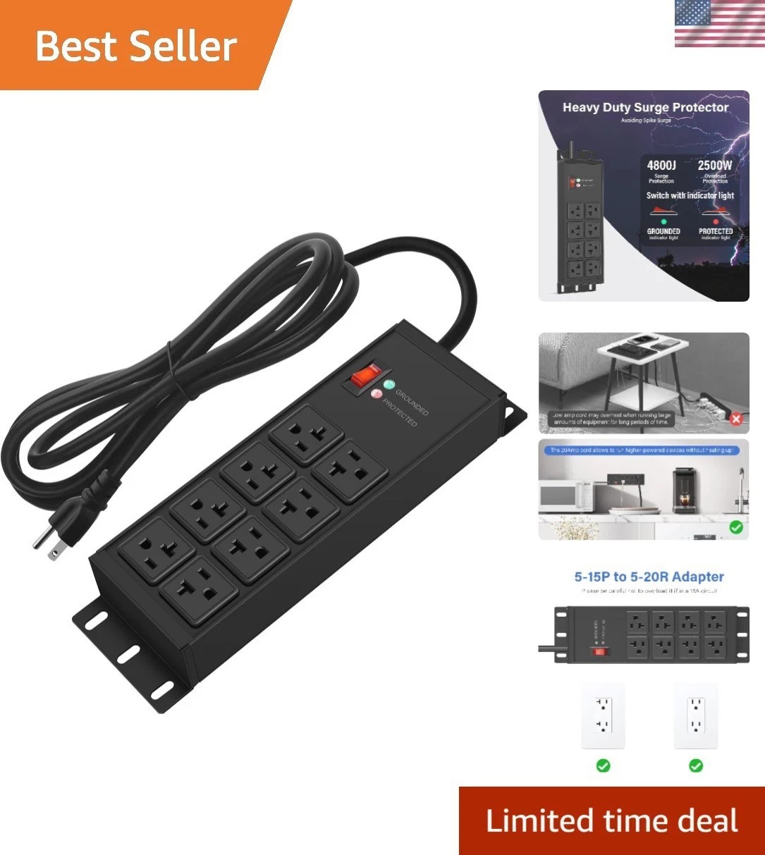 Black Heavy Duty Power Strip Surge Protector 20 AMP, 8 Outlets 12 Gauge Indus...
