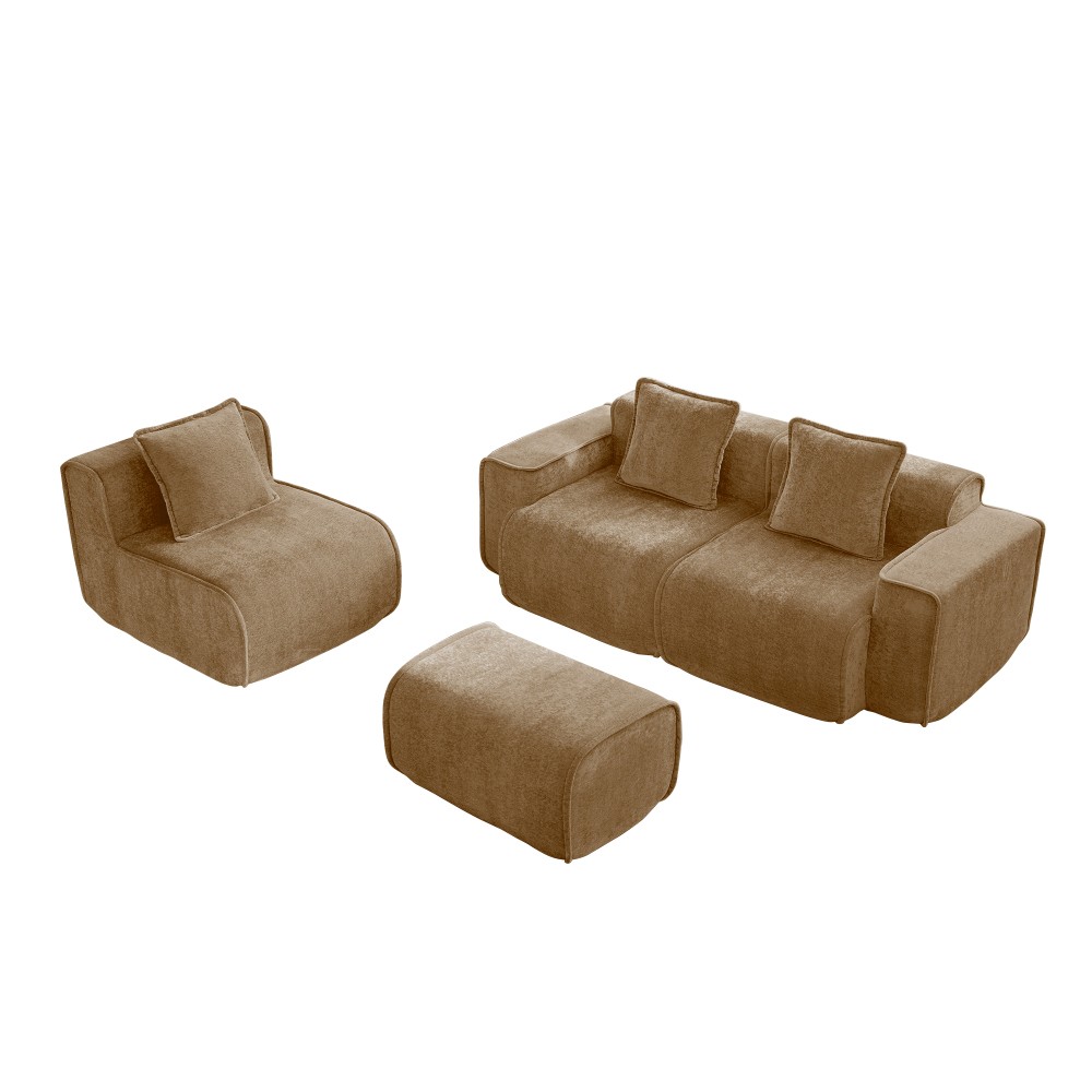 Modular 3-Seat L-Shape Sectional Sofa w/ Ottoman & Pillows, Velvet Brown