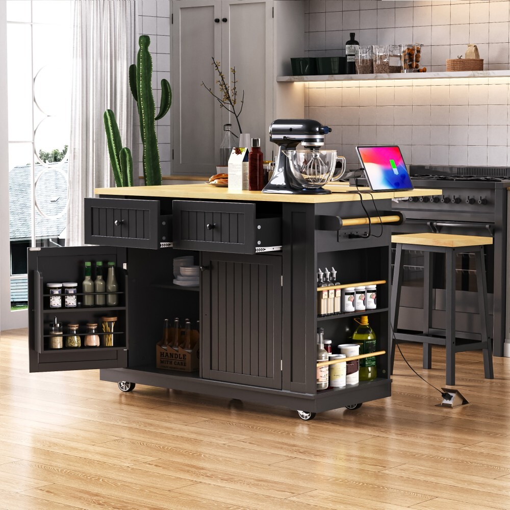 48inch Large Kitchen Island with 2 Bar Stools, Power Outlet, Storage Rack