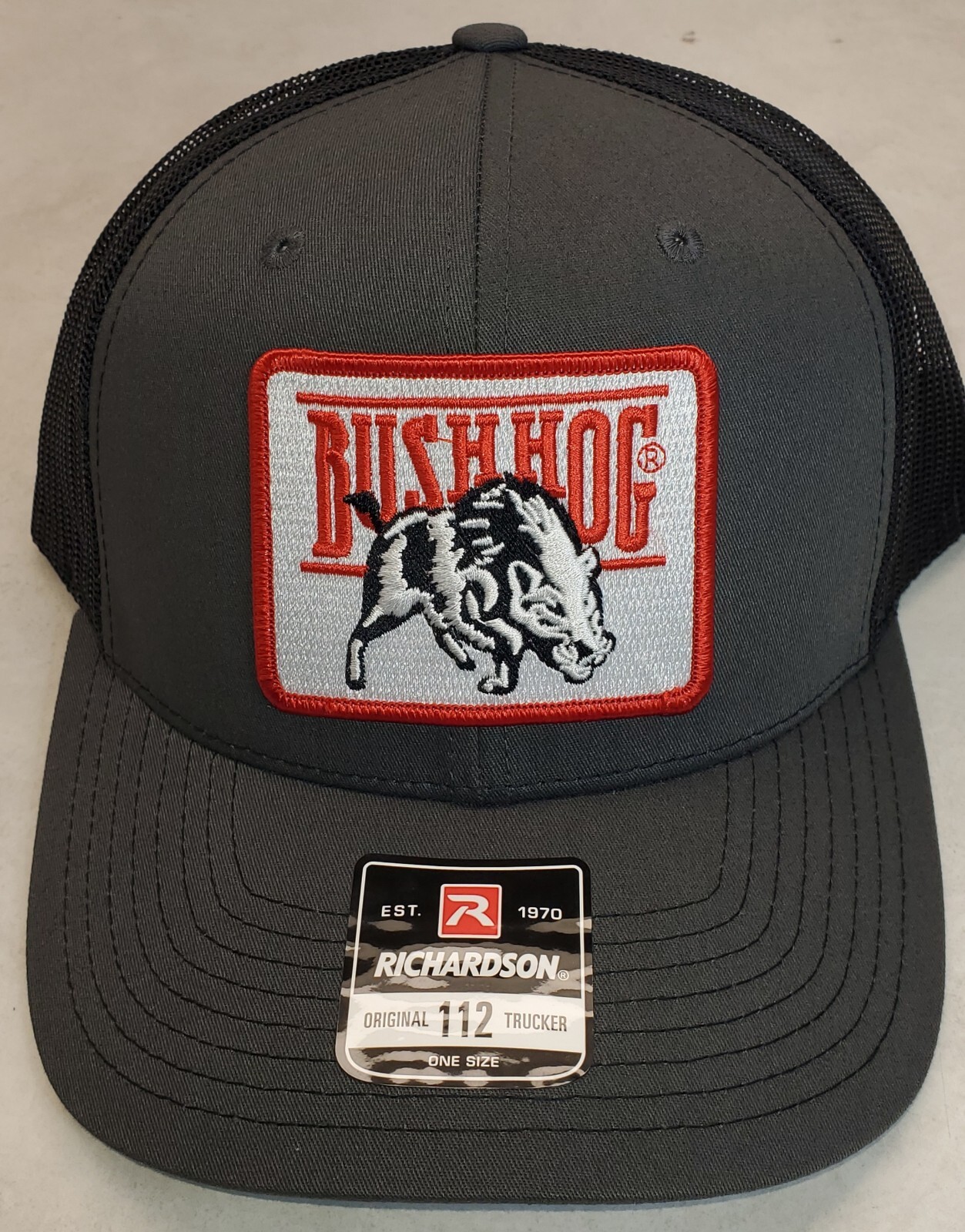 Bush Hog Patch on Richardson 112 Trucker Hat Snapback Charcoal/Black