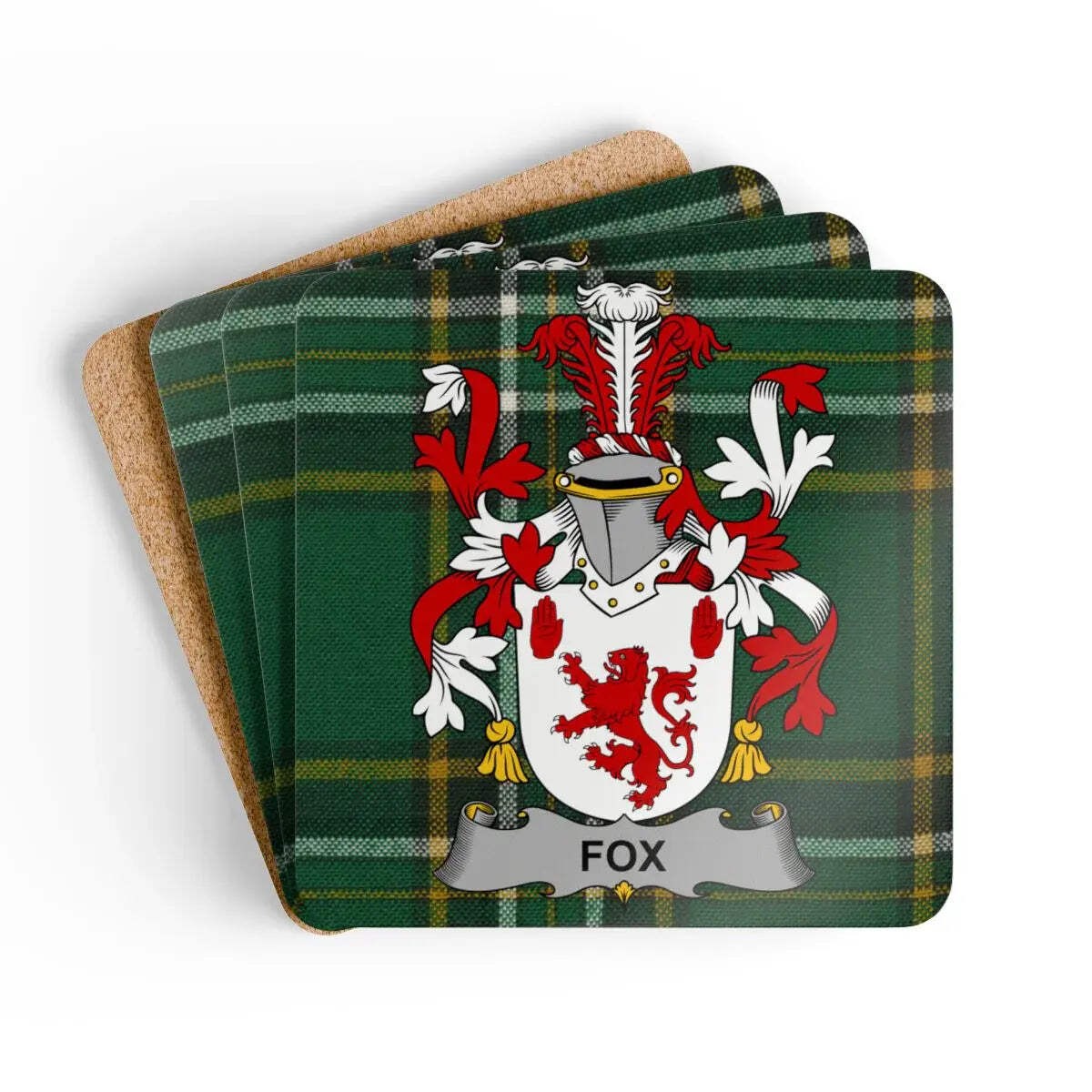 Fox Irish Family Crest Tartan Coaster Set