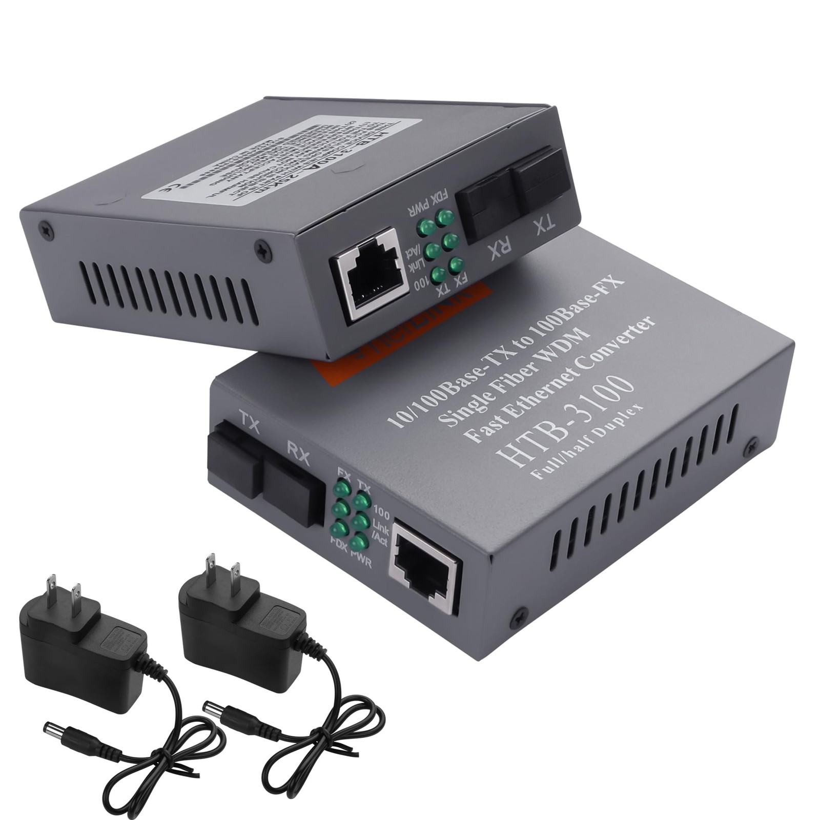 1 Pair Fiber Ethernet Converters, 100M/10M, SMF SC to RJ45, Copper, Up to 20km