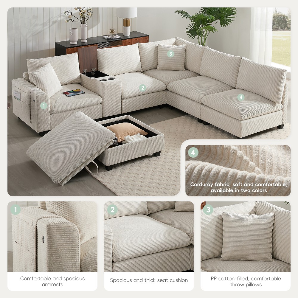 139'' U-shaped Modular Sectional Sofa with Console, L-Shaped Corduroy Couch