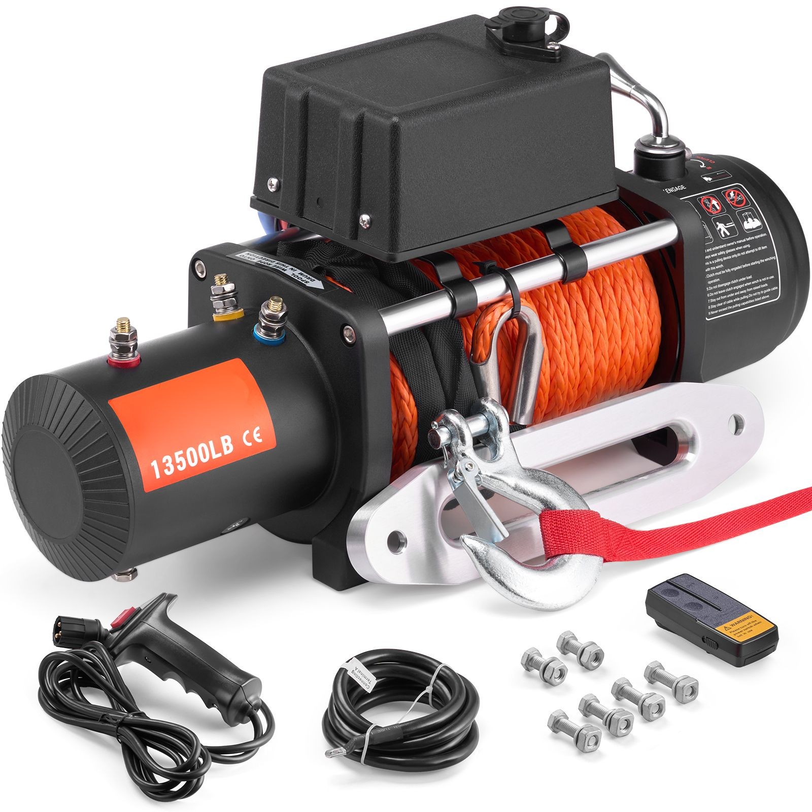 13500lb 12V Truck Winch, 6.6HP Motor, 195.8:1 Gear, Synthetic Rope