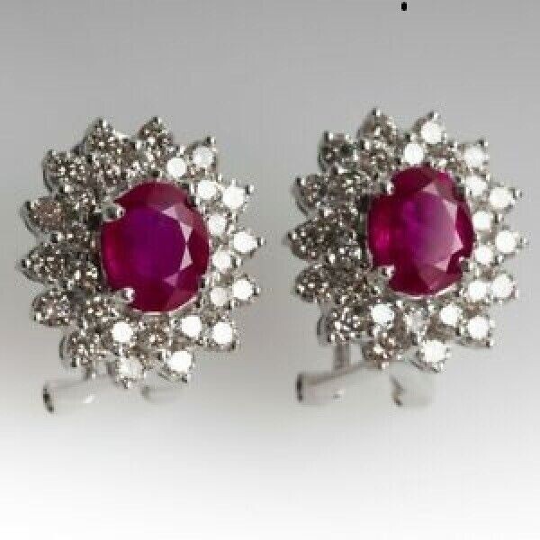 4Ct Lab Created Oval Red Ruby White Diamond Stud Earrings 14K White Gold Over