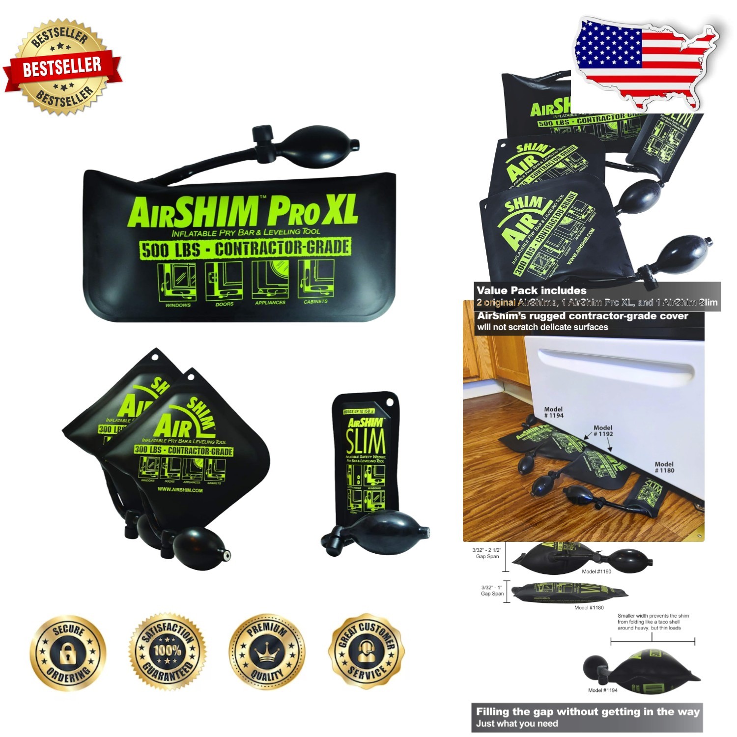 AirShim 4-pc Value Pack Pro XL Slim Inflatable Leveling Tool Contractor Grade