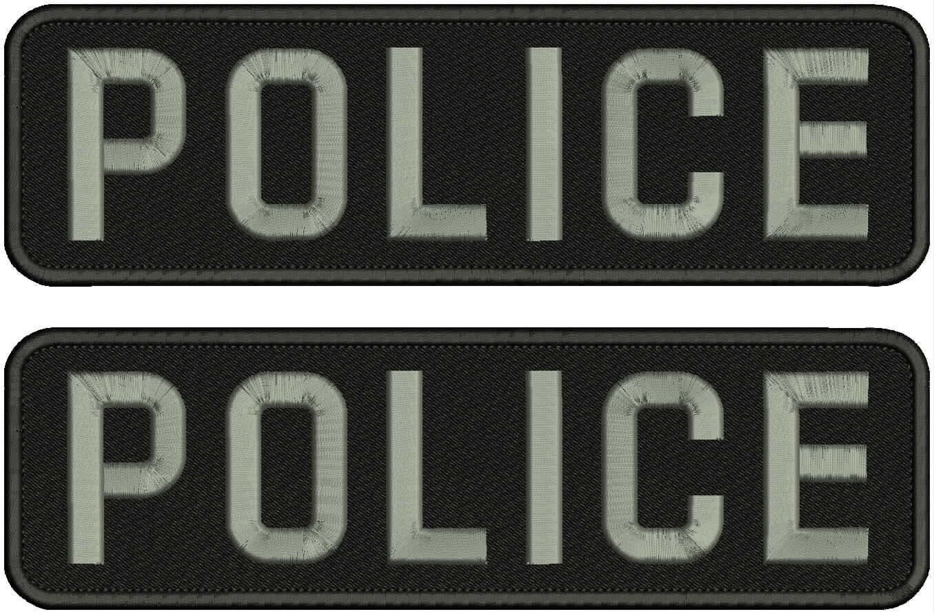 POLICE EMBROIDERY PATCHES 3X11 HOOK ON BACK BLACK/GRAY 2 PATCHES SET
