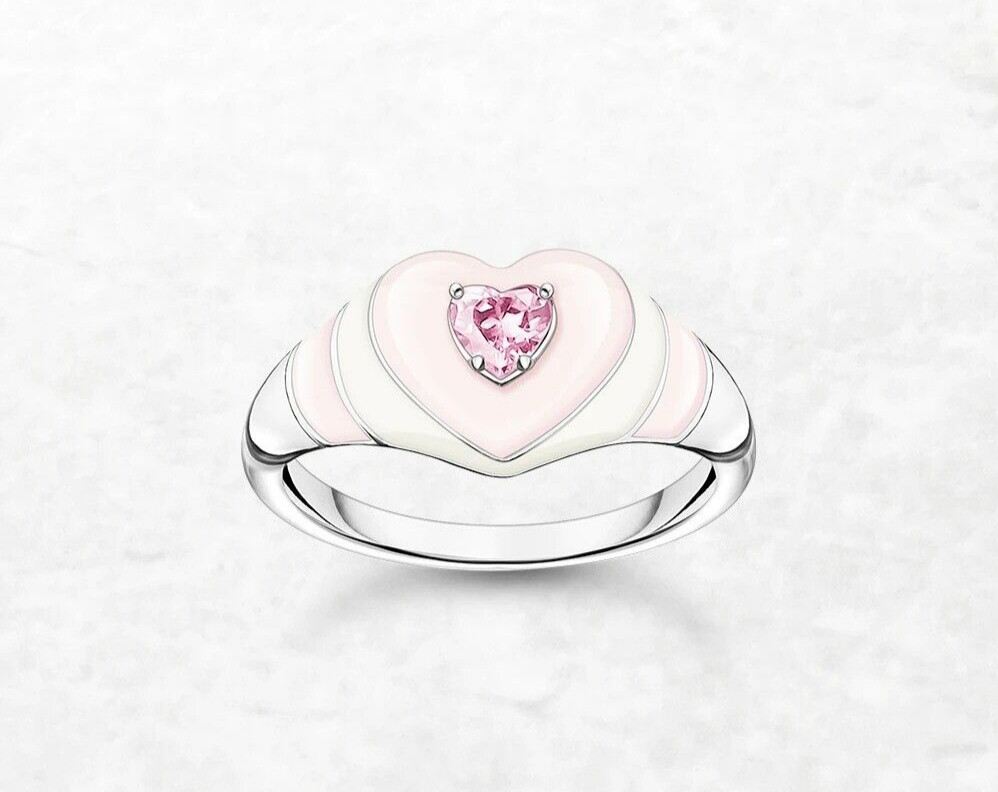 925 Sterling Silver Pink CZ Heart Love Fashion Enamel Ring sz 7 or 8 or 9