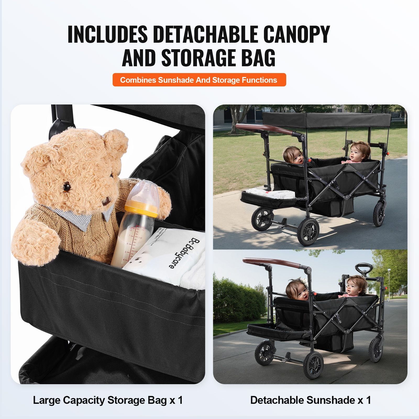 Wagon Stroller for 2 Kids, Push Pull Quad Collapsible Stroller/ Adjustable