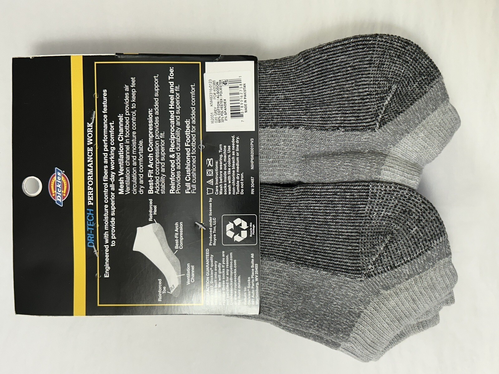 New Dickies Men’s Performance Work Dri-Tech No Show Socks 6-Pair Shoe Size 6-12