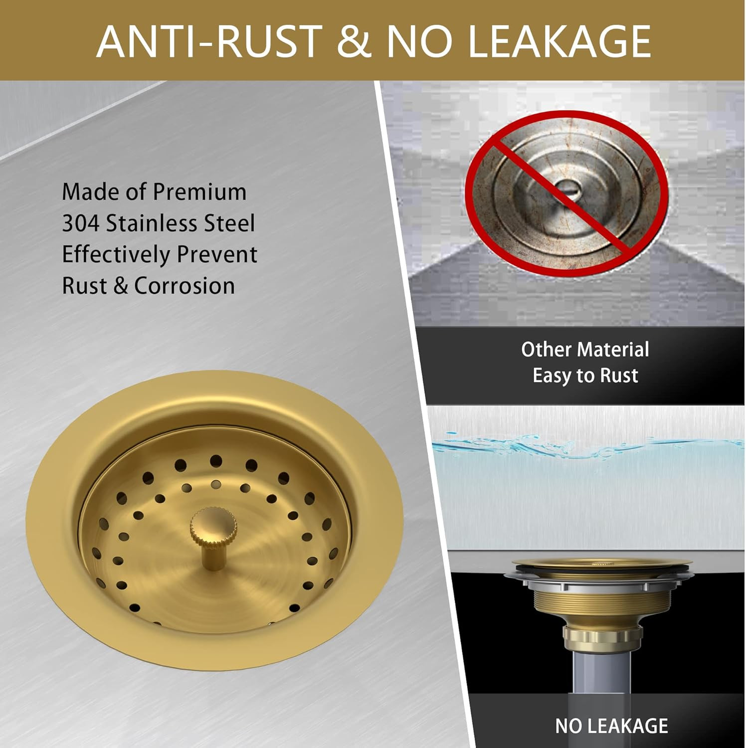 Kitchen Sink Drain Gold Sink Drain Strainer with Fixed Post 3-1/2 Inch Kitchen D