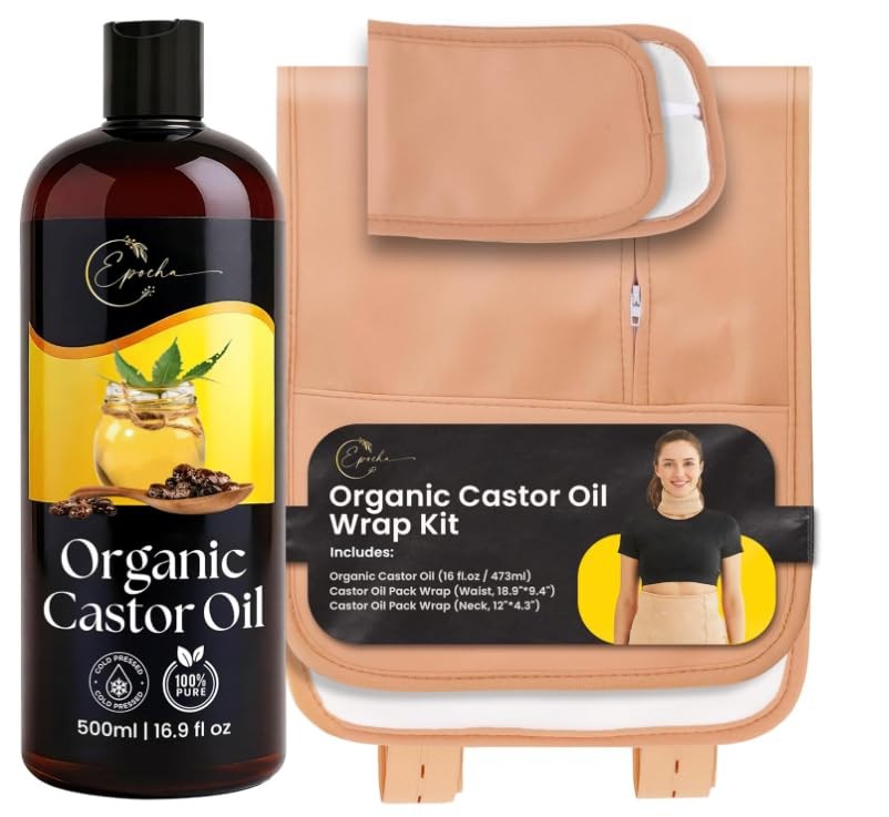 Cold Pressed Organic Castor Oil Pack Wrap Set 16oz – Reusable Cotton Neck & S...