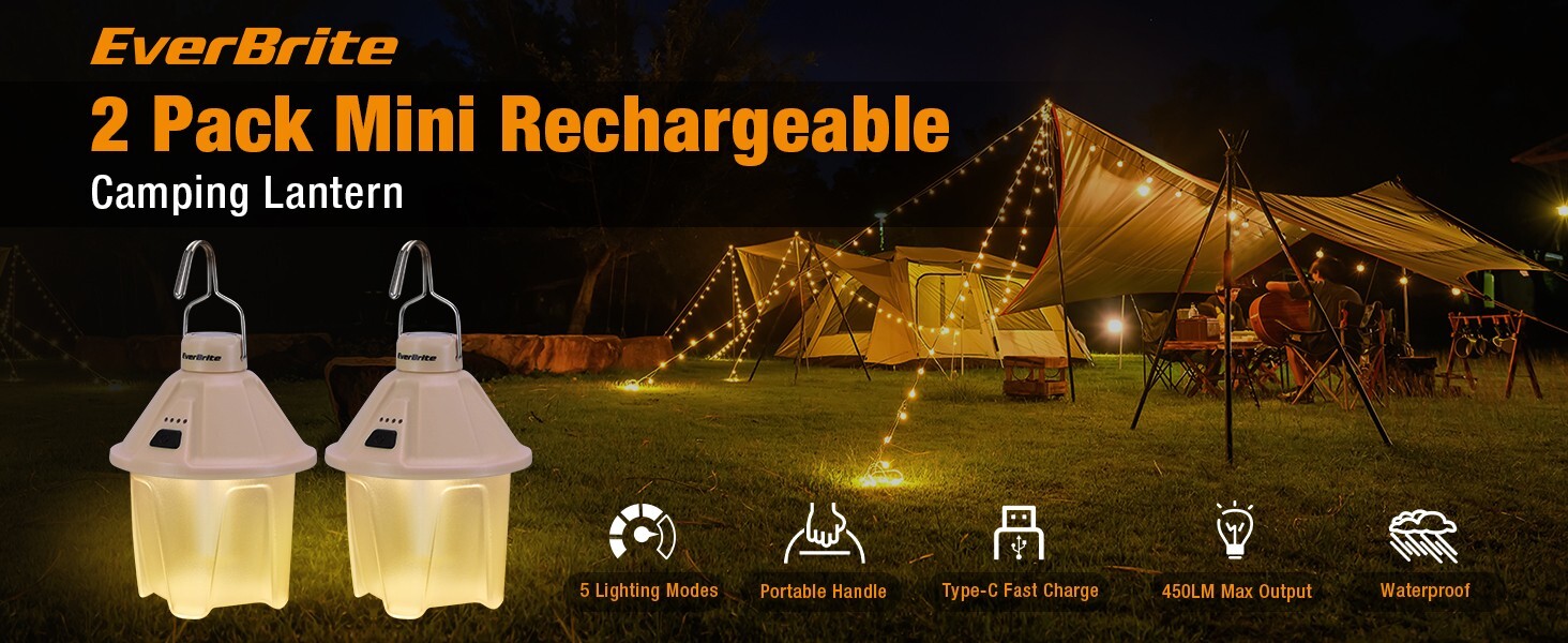 EverBrite 2 PACK 450LM Camping Lantern 5 Lighting Modes USB C Rechargeable