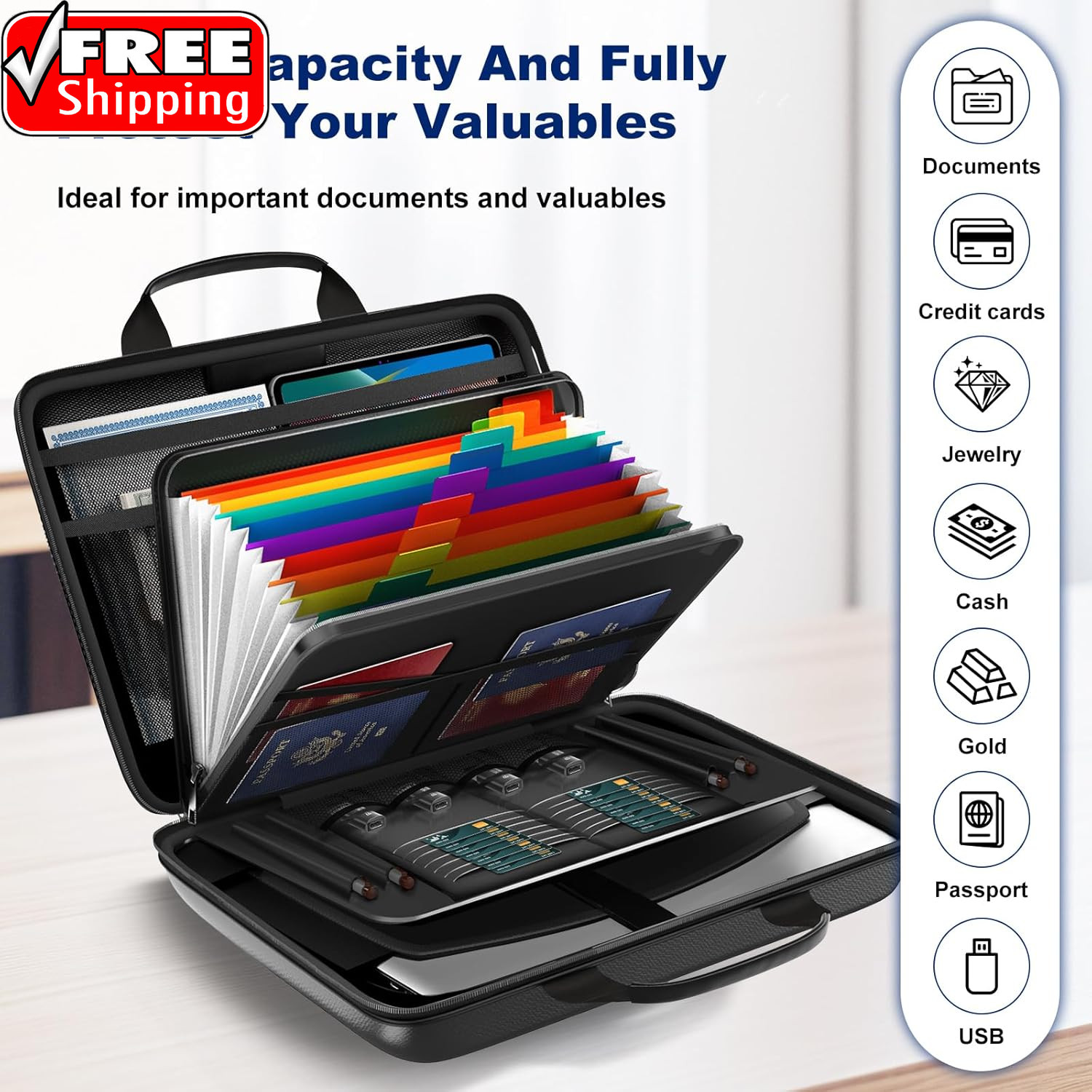 Fireproof Document Box, Hard Case Fireproof File Organizer with Lock and 13 Pock