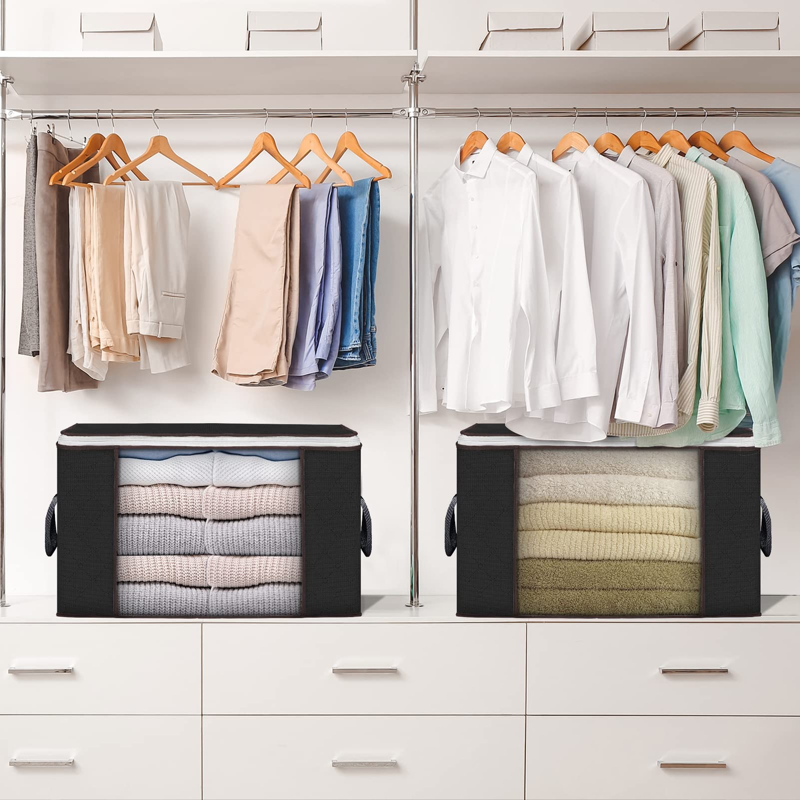 Large Storage Bags, 6 Pack Clothes Bins Foldable Closet 6 Pack, Black