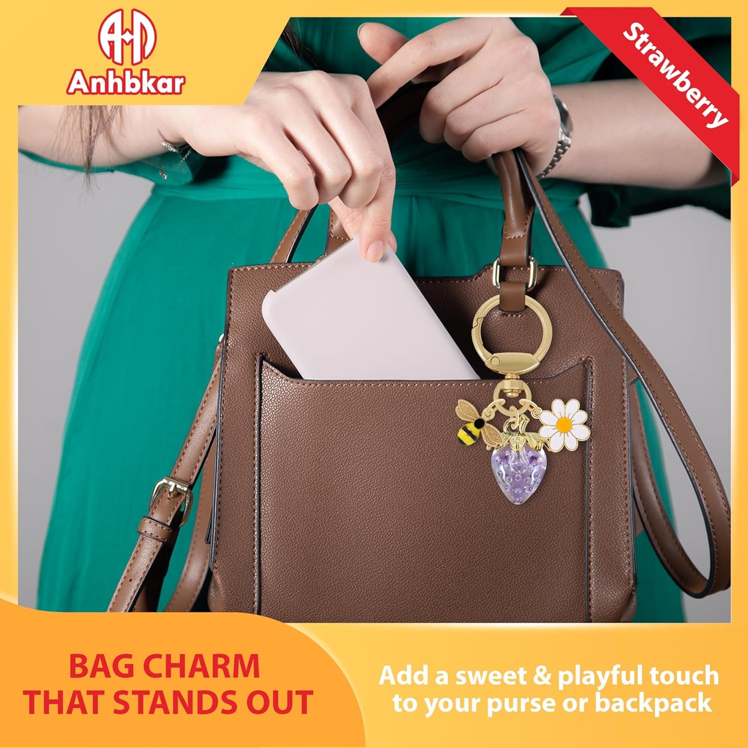 Strawberry Bag Charm with Flower & Bee for Handbags or Wallet - Cute Strawberry