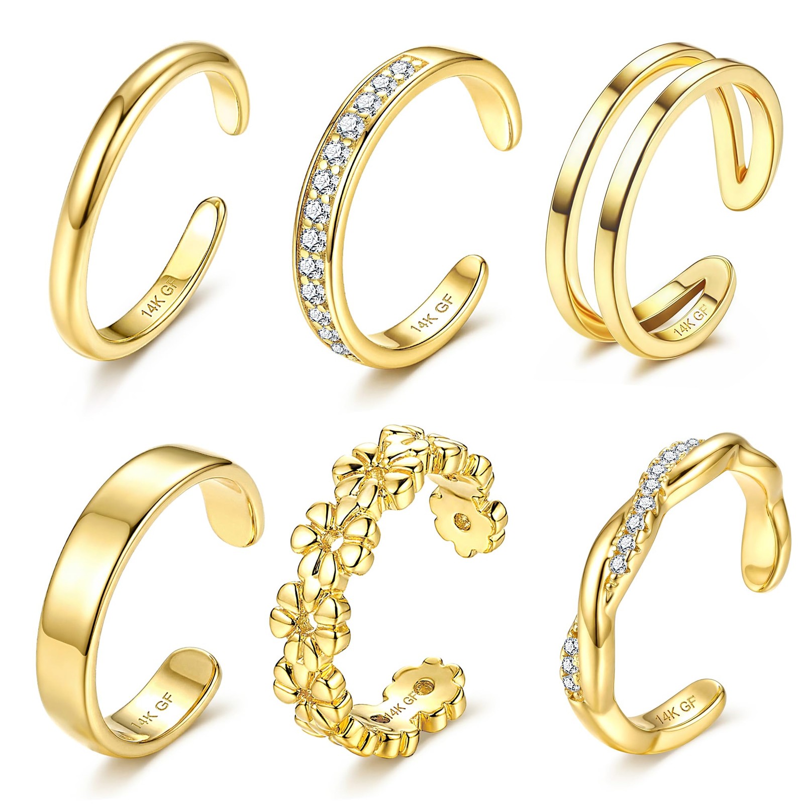 6 Pcs 14K Gold Filled Toe Rings Adjustable Toe Ring Summer Beach Jewelry