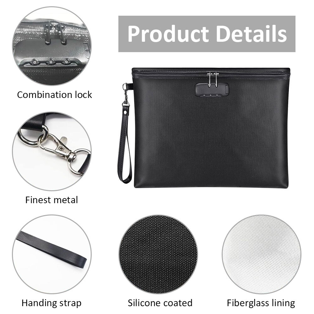 Fireproof Document Bag Waterproof Safe Storage Pouch with Zipper&Lock Organizer