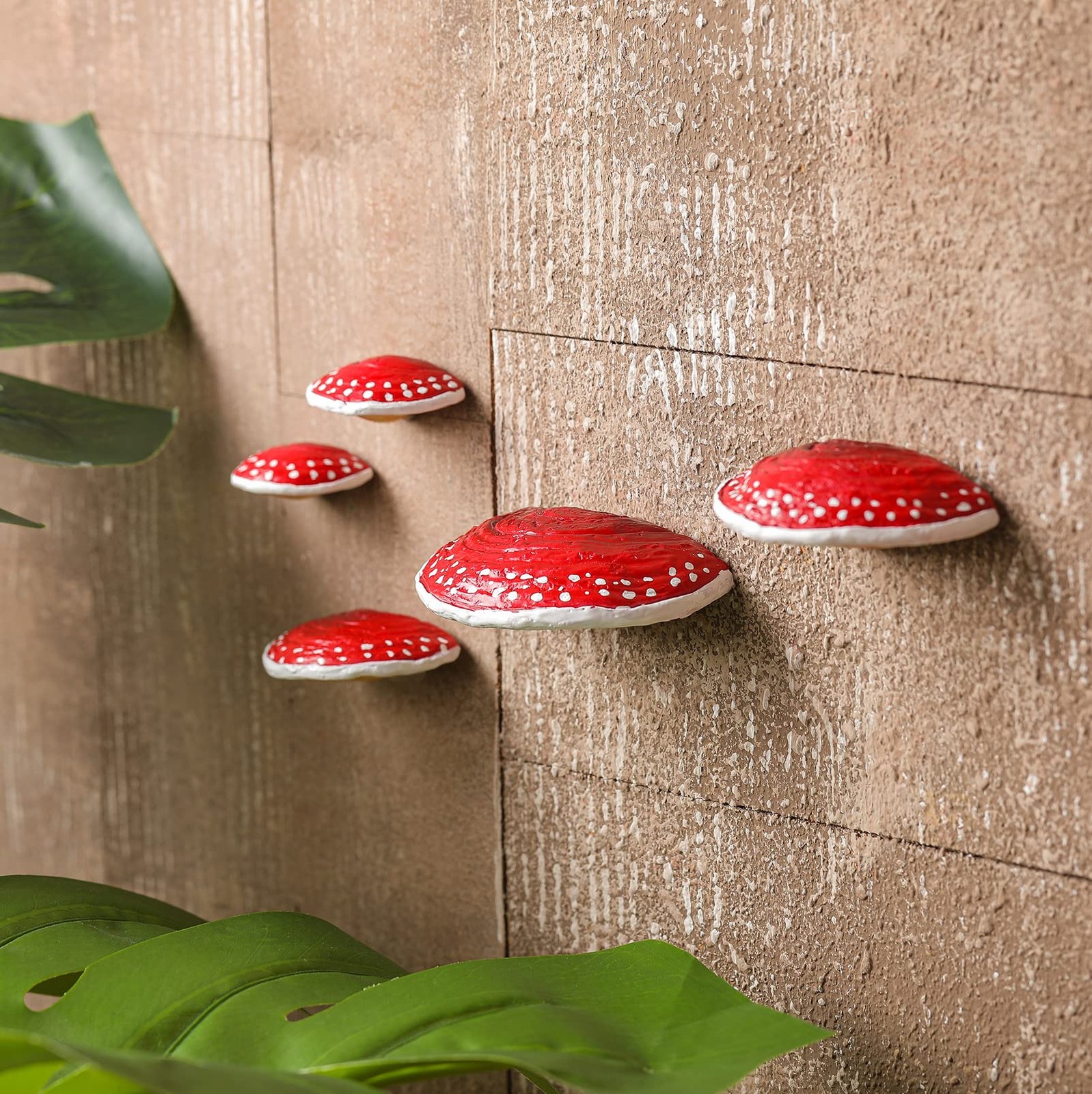Geetery Set of 5 Mushroom Shelf Wall Decor - Adhesive Mini Resin Red