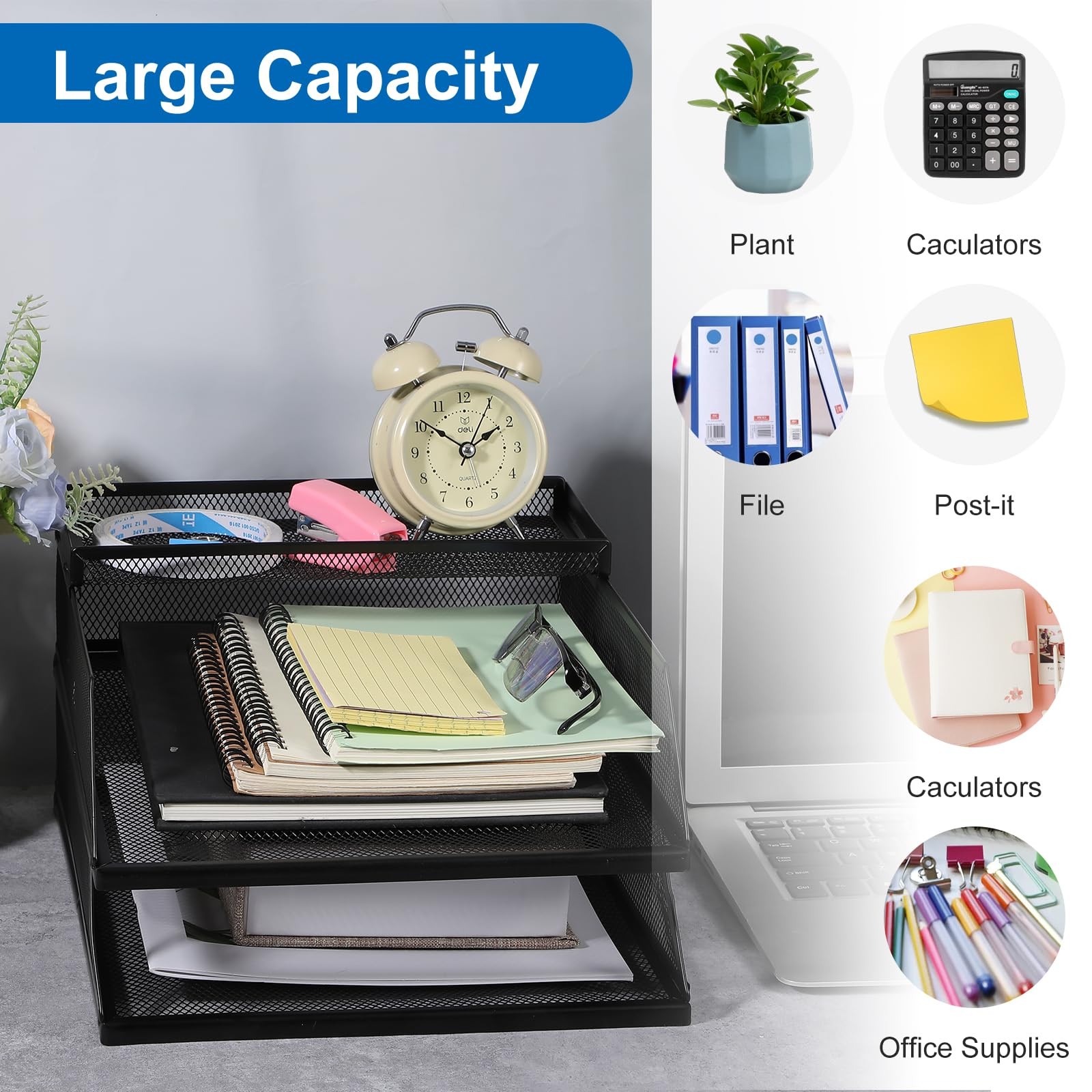 Black 2Tier Stackable Paper Tray Organizer Metal Mesh Desktop File Sorter