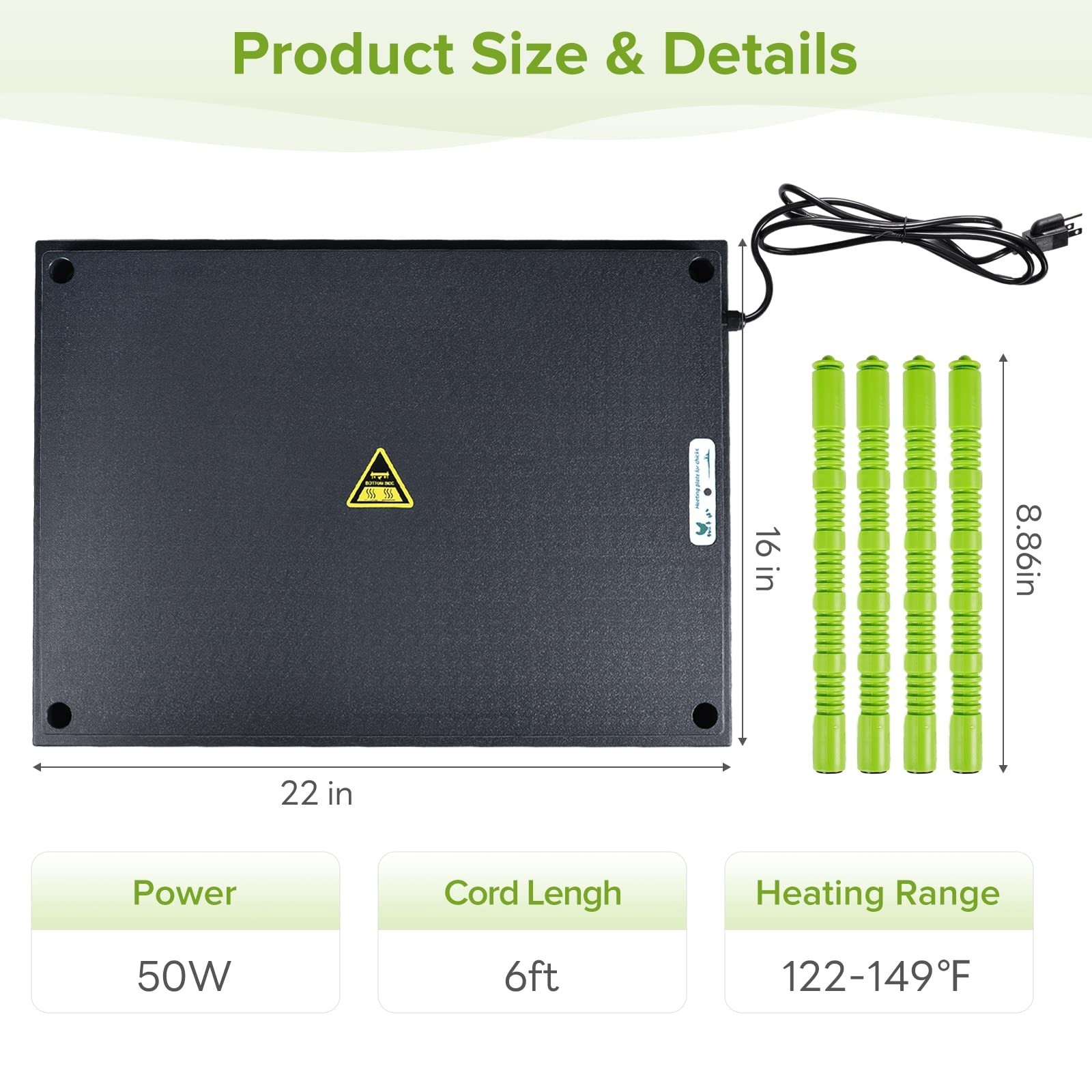 Chick Brooder Heating Plate 16x22" - Adjustable Height & Angle, 50W, Safe for 50