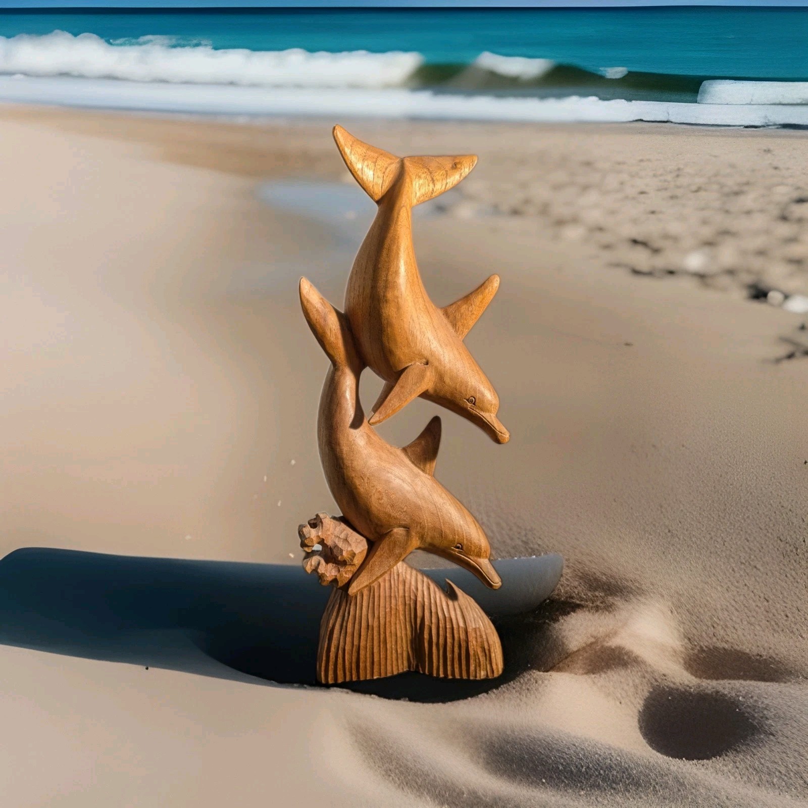Vintage Sugarwood Double Dolphin Wooden Sculpture Hand carved From Australia