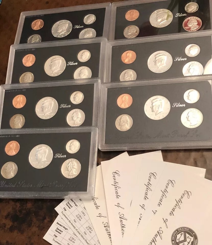 COMPLETE RUN 1992 THRU 1998 SILVER PROOF SETS OGP WITH COA