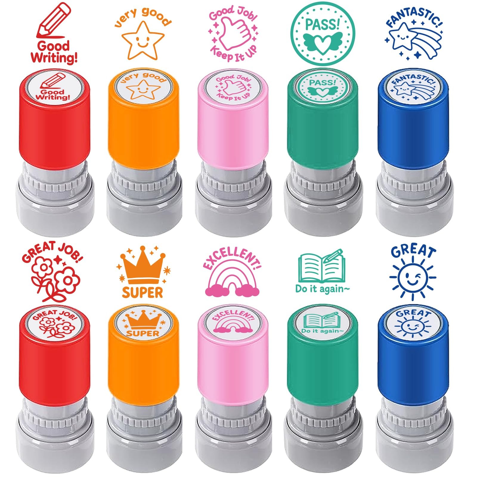 10 PCS Round Teacher Stamps Self Inking Rubber Grading Homework Reward No Ink