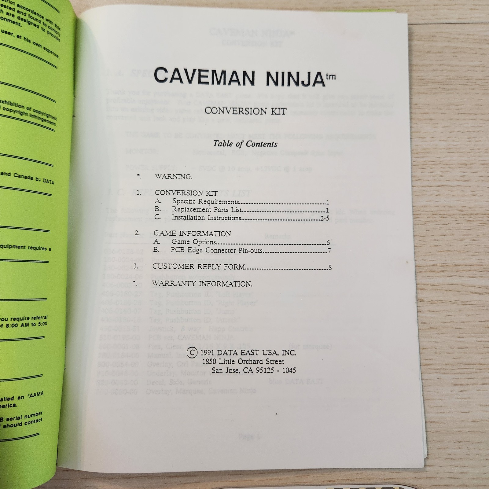 CAVEMAN NINJA Conversion Kit Manual Data East 1991