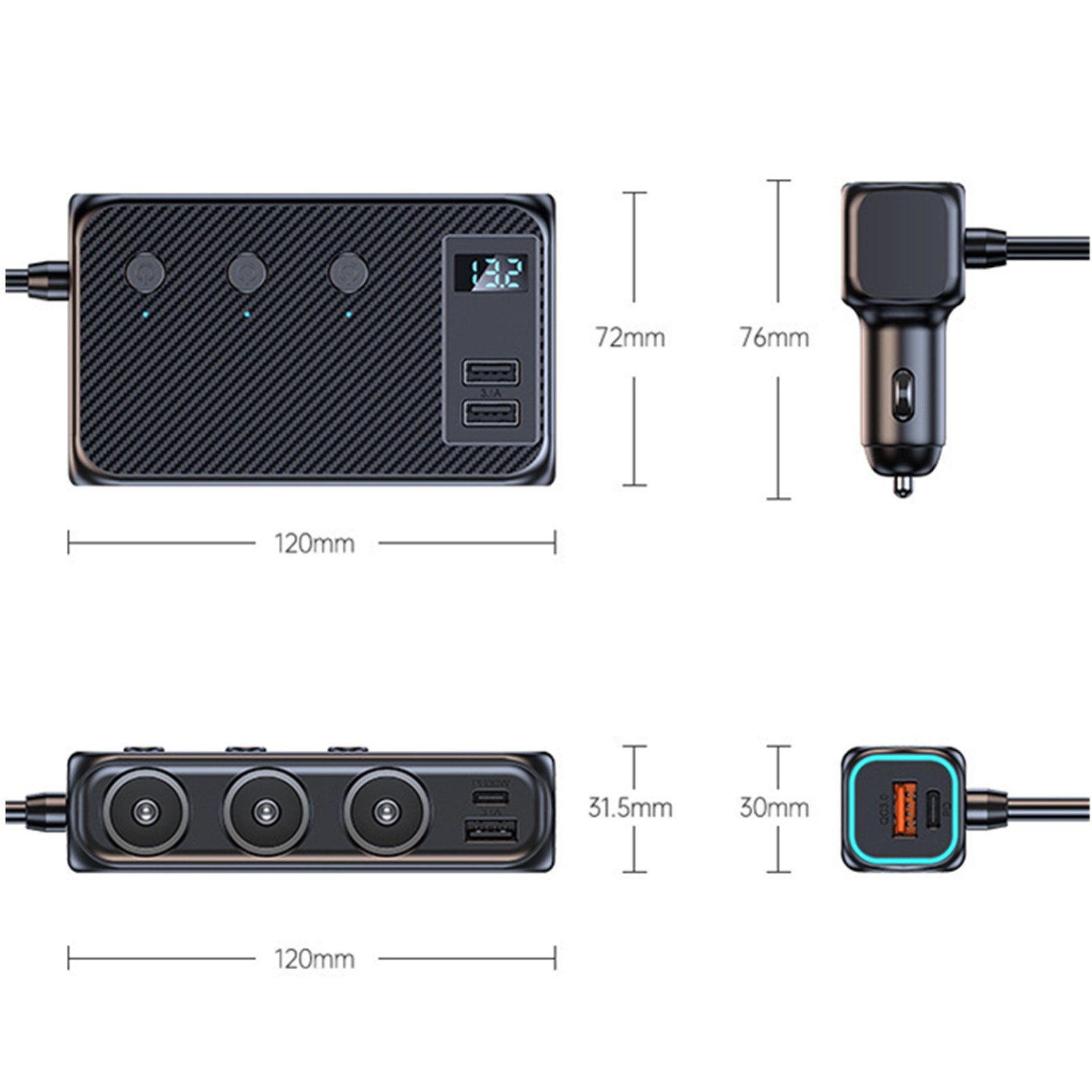 9in 1 Cigarette Lighter Socket Splitter USB-C Fast Charger Power Adapter Outlet