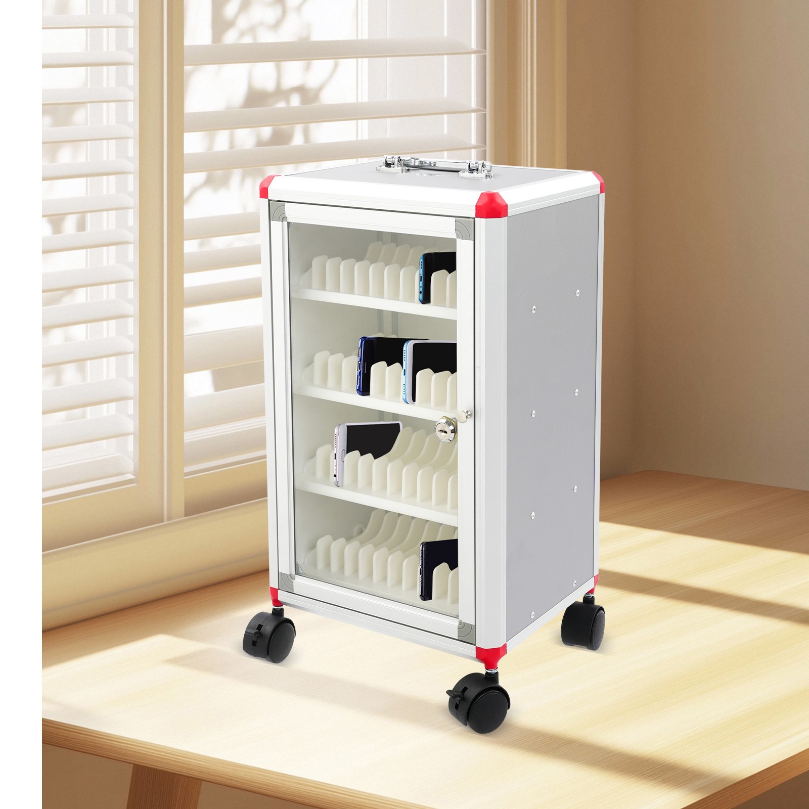 48-Slot Mobile Phone Storage Cabinet with Lock and Rolling Wheels