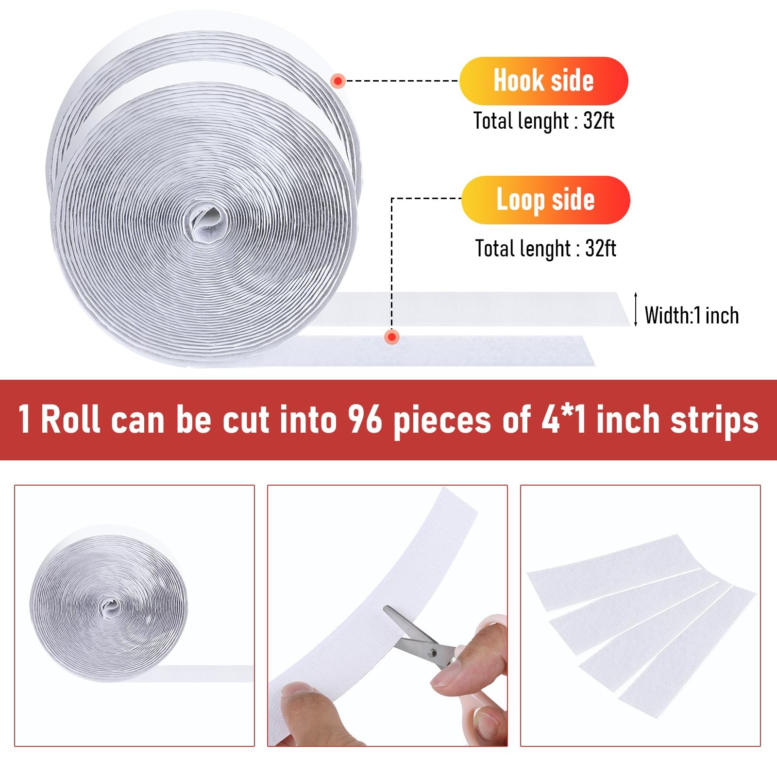 32Ft *1 Inch Hook and Loop Tape with Adhesive Back,White