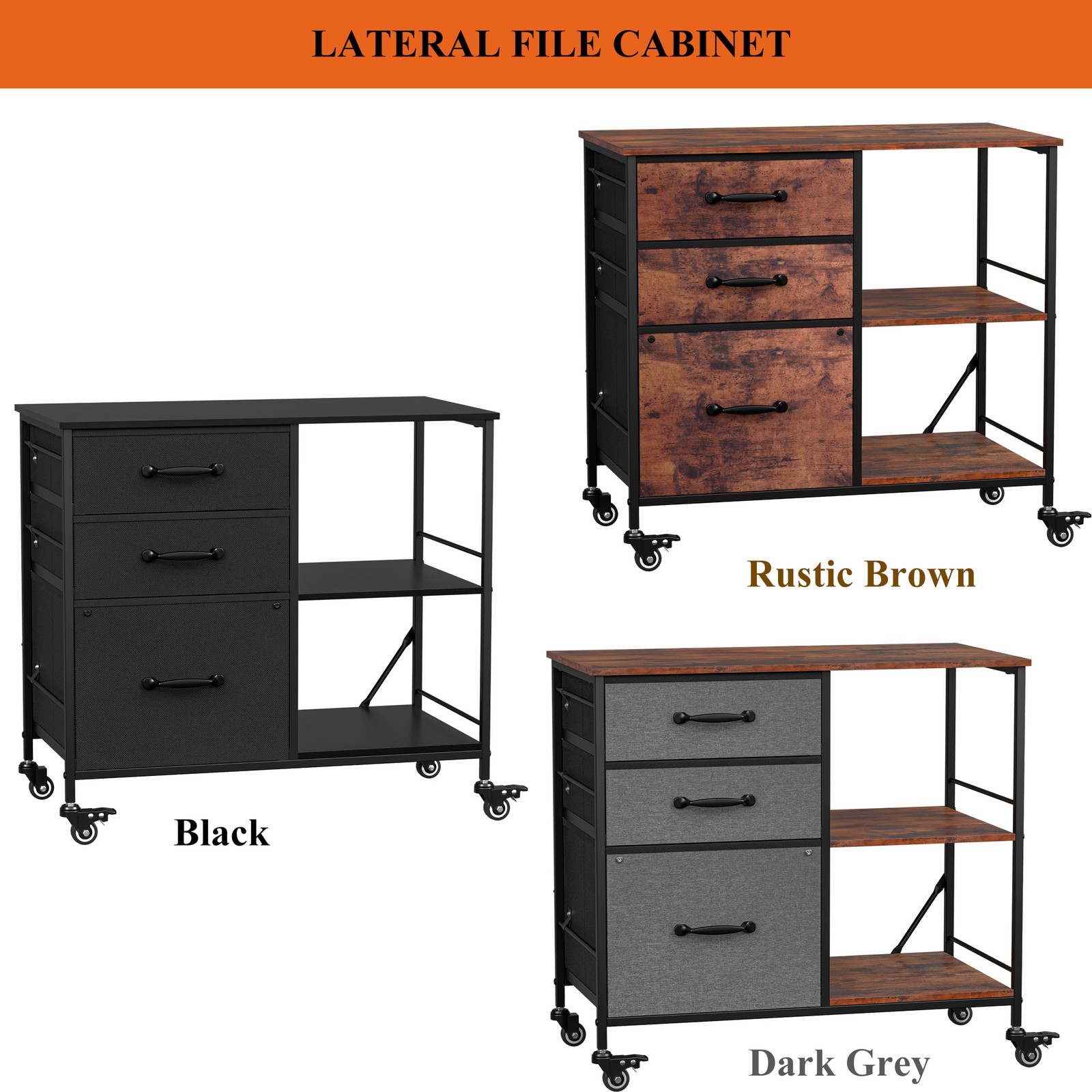3 Drawer File Cabinet w/Wheel Rolling Printer Stand Open Storage Shelf 3 Colors
