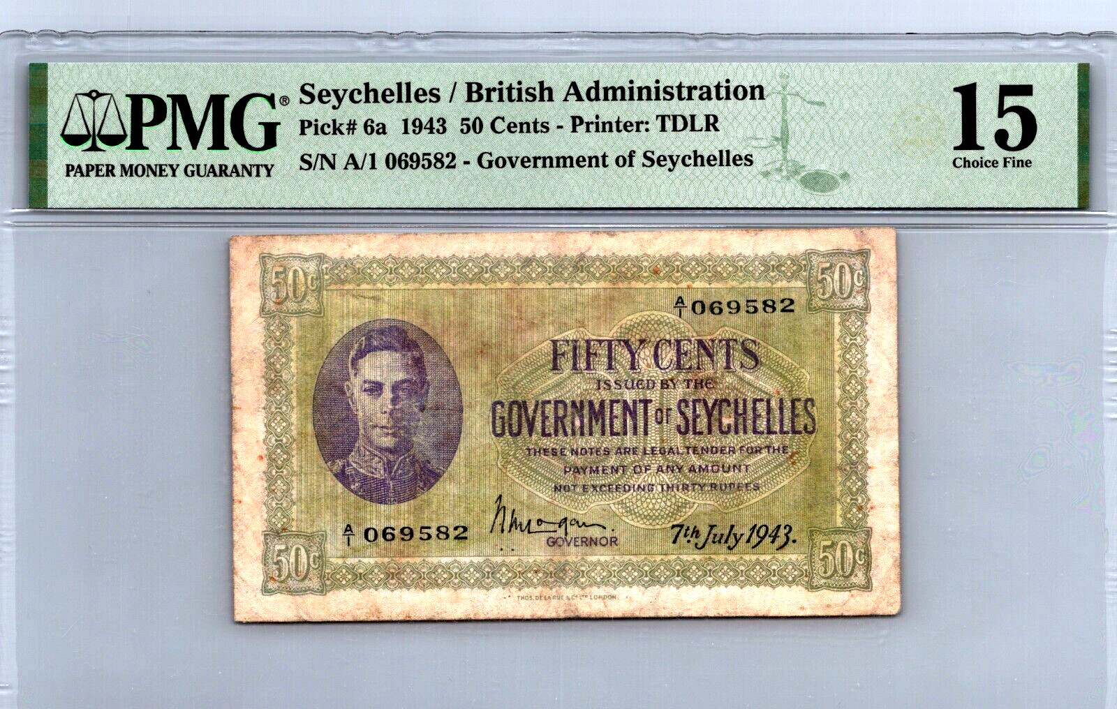 Seychelles 50 Cents 1943 6a PMG 15 Choice Fine