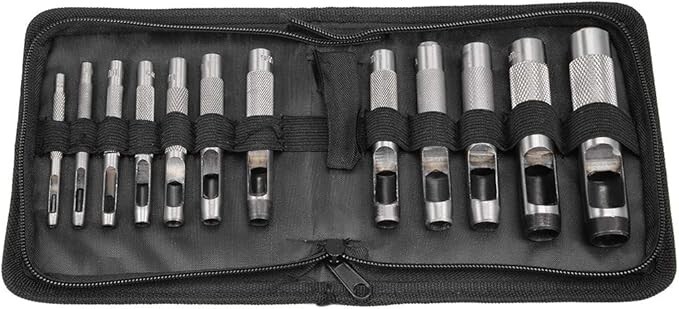12-Piece Hollow Leather Punch Set - High Carbon Steel, Machined Grip, 1/8" to 3/