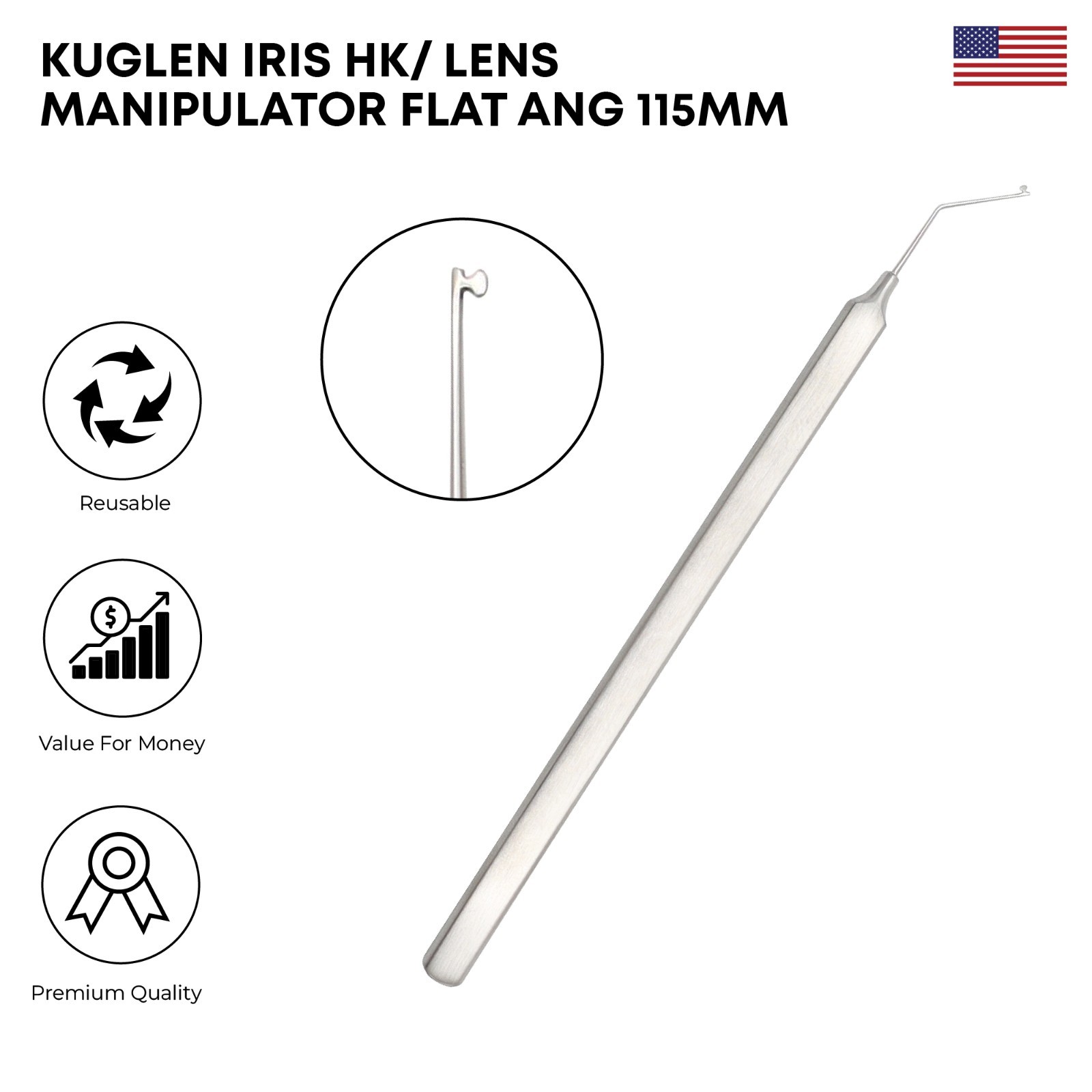 Kuglen Iris HK / Lens Manipulator Flat Angled 115mm Ophthalmic Instrument German