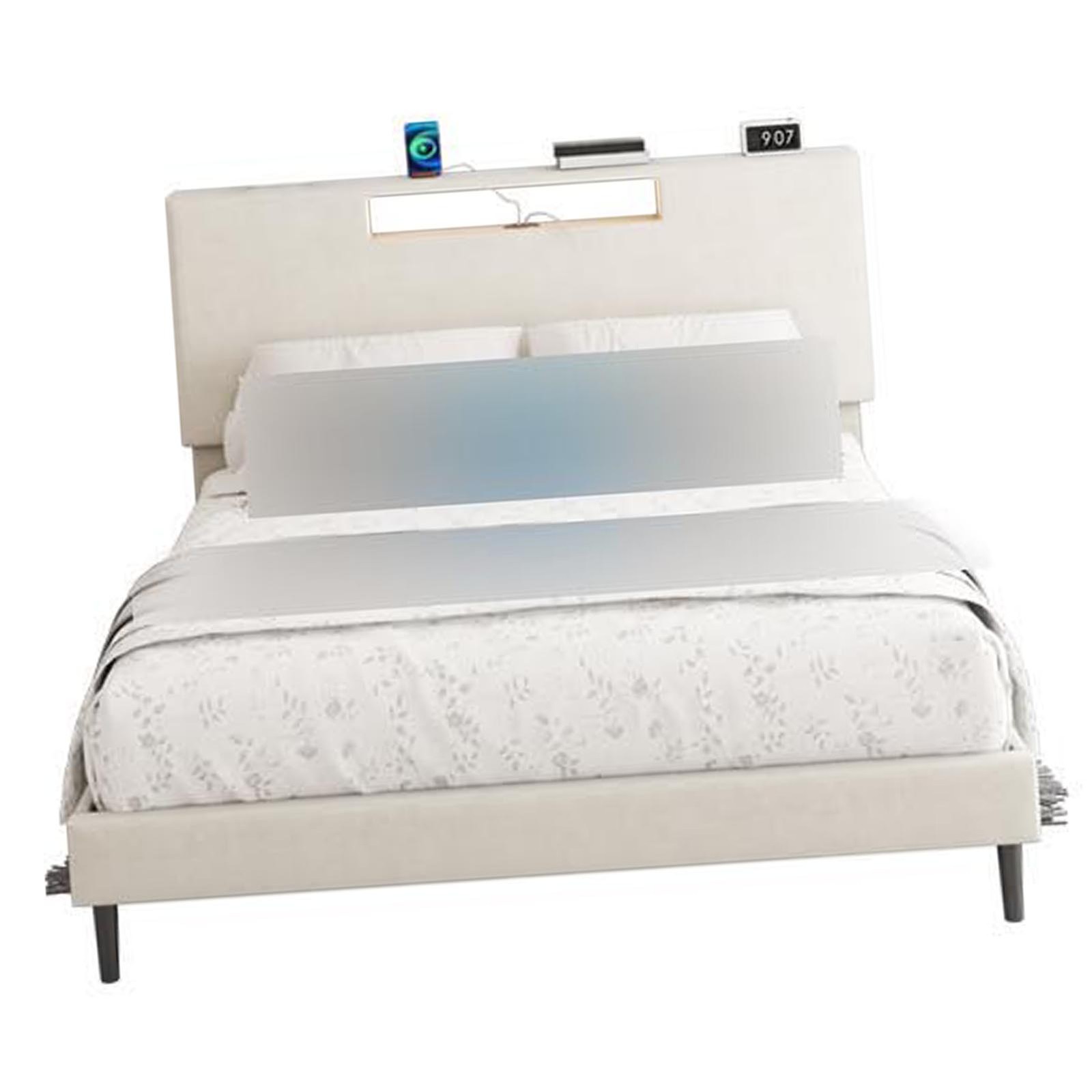 Upholstered Platform Bed Large Size Frame With LED Light And Charging Function