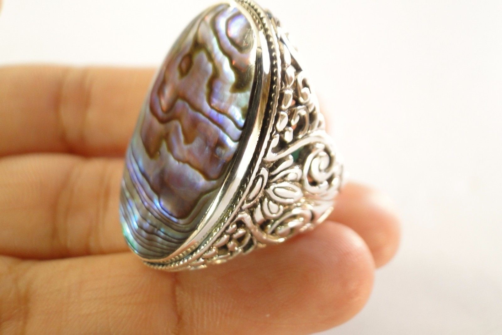 Green Paua Abalone Mother of Pearl Ornate 925 Sterling Silver Ring 6, 6.75