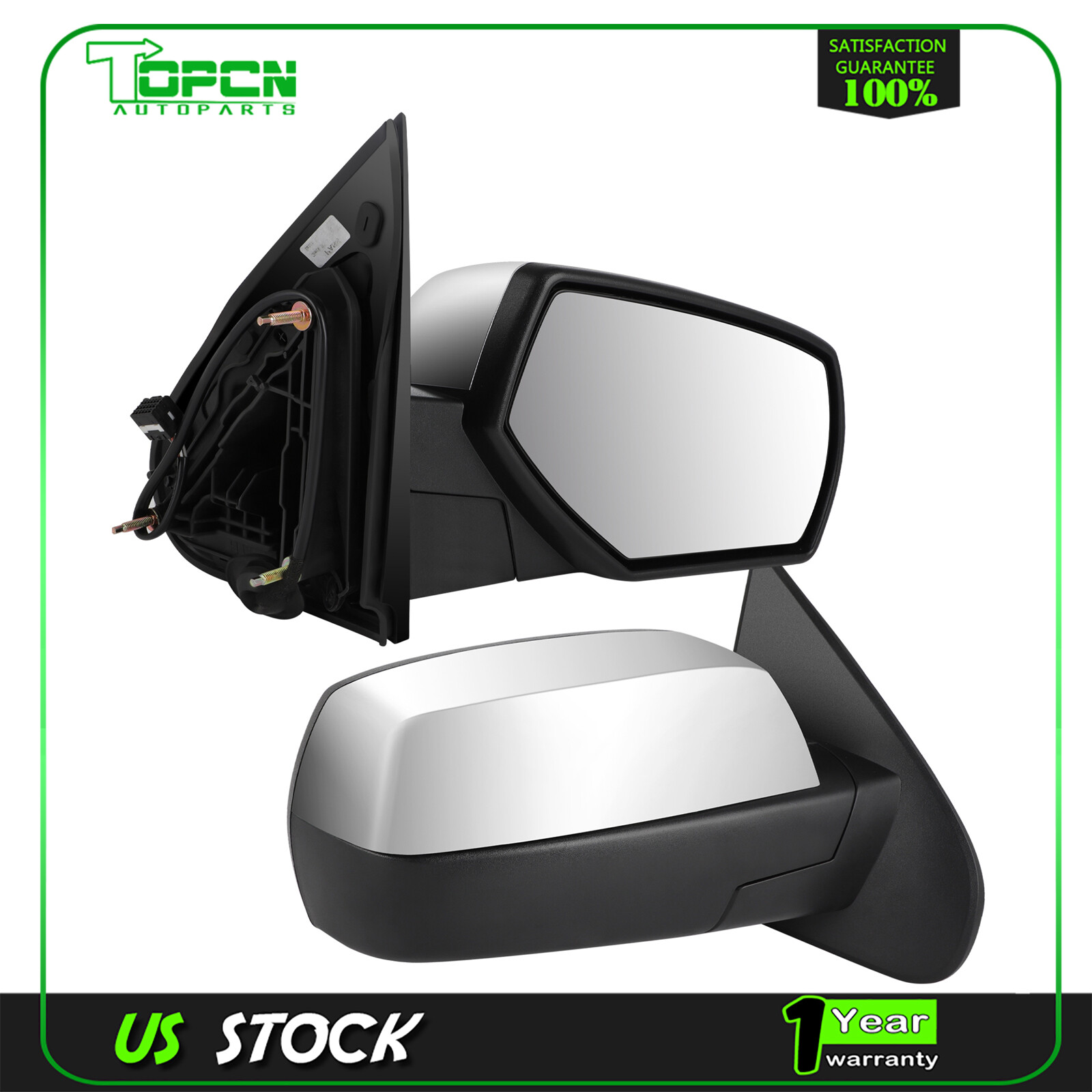 Set of 2 For 2015-18 Chevy Silverado Chrome Power Heated Manual Fold Mirrors