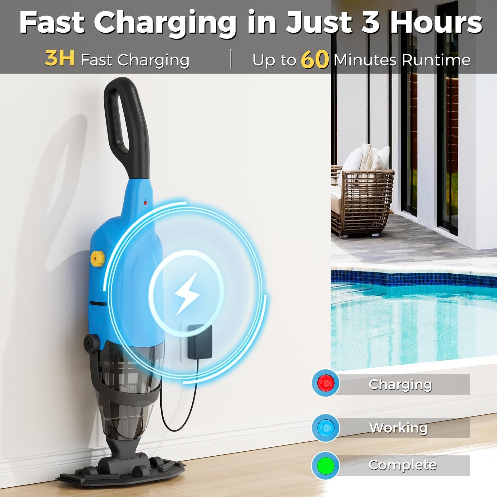 Powered Cordless Handheld Pool Vacuum, Rechargeable Pool Cleaner 60 Mins Runtime
