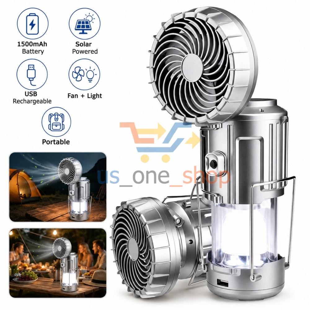 Solar Portable LED Camping Lantern with Fan USB Rechargeable Flashlight Lamp US
