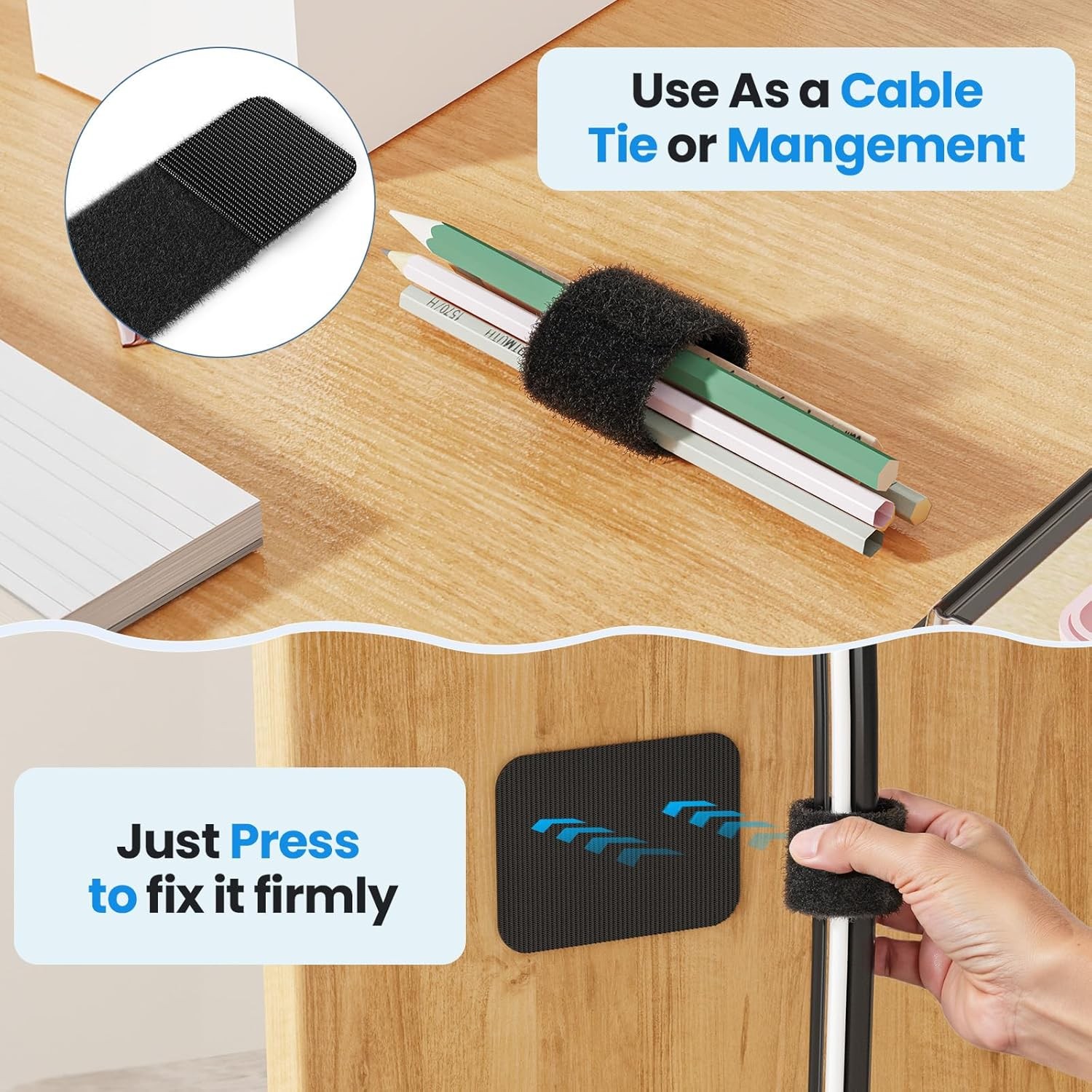 Cable Management Under Desk, Cord Organizer Adjustable Hook and Loop Cable Ties