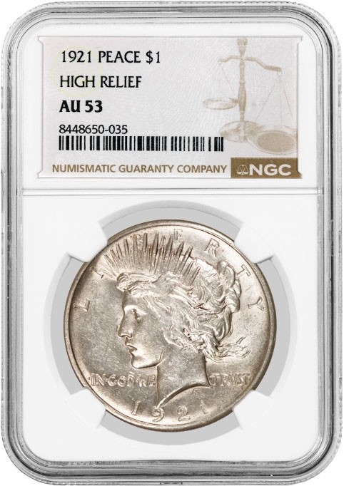 1921 High Relief $1 Silver Peace Dollar NGC AU53 About Uncirculated Key Date #35