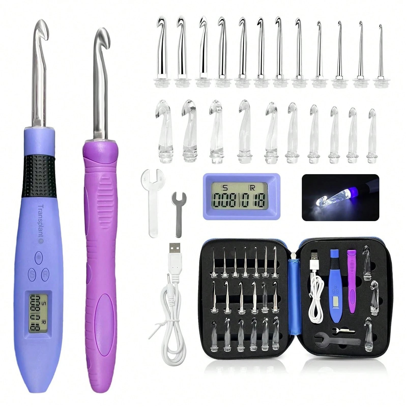 Light Up Crochet Hook Set Digital Stitch Counter USB Rechargeable 22 Heads